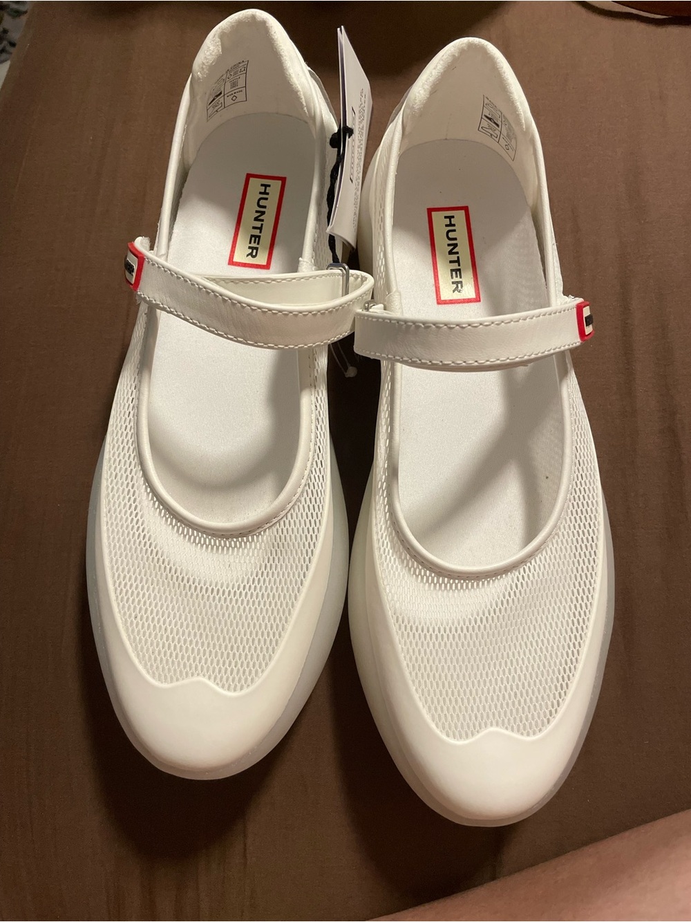 Hunter White Mary Jane Mesh Strap Clogs